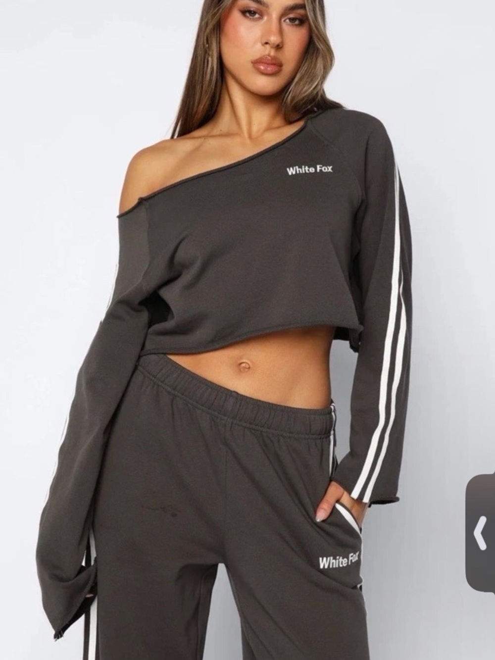 White Fox Boutique Charcoal Off-Shoulder Cropped Sweatshirt - Picture 2 of 4